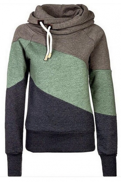 Women's Stylish Slim Color Block Hooded Sweatshirt