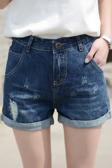 Womens Stretchy Medi Waisted Denim Shorts with Pockets