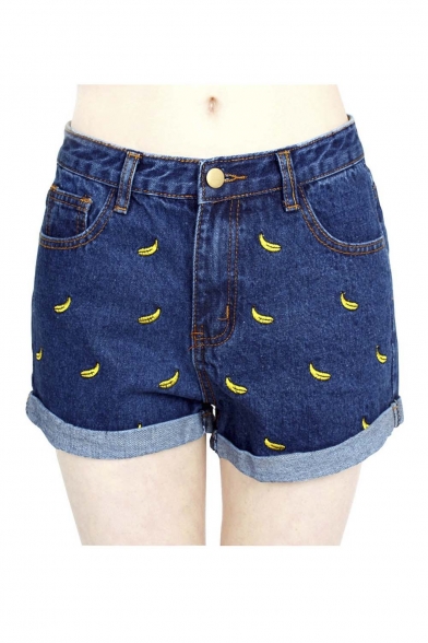 Women Banana Embroidered Curling Cotton Denim Shorts