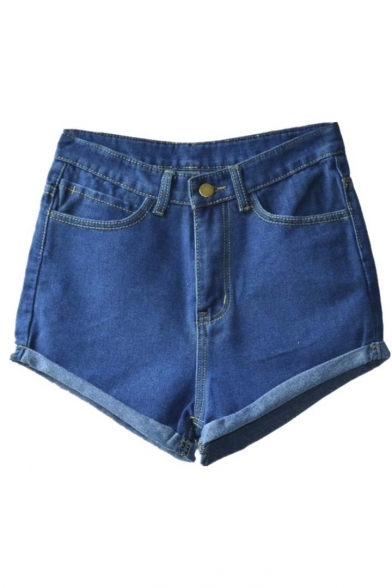 Women's Juniors Vintage Denim High Waisted Folded Hem Jeans Shorts