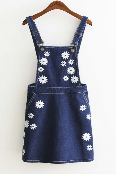 Summer Flower Embroidered Zip Back Denim Overall Dress