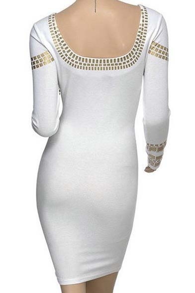 Women's Cut out Long Sleeves Kim Egypt Gold Foil Print Cocktail Dress