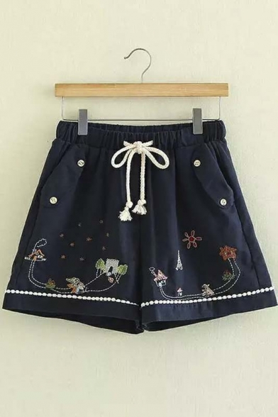Women's Drawstring Waist Embroidered Pocket Front Shorts