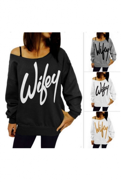 Women's Wifey Shirt Letter Print Off the Shoulder Slouchy Pullovers