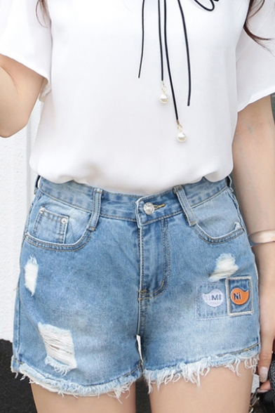 Women S Causal With Cartoon Decorate Tassels Skinny Denim Shorts