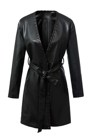 Autumn Winter New Fashion V-neck PU Trench Coat with Belt