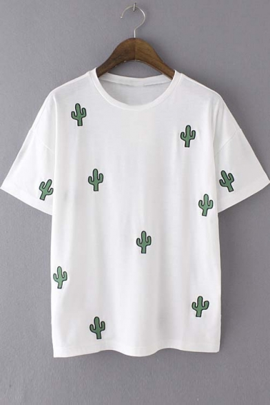 Fashion Embroidered Cactus Round Neck Short Sleeve T-shirt ...