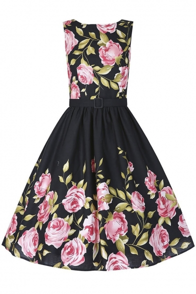 New Arrival Women's Vintage Floral Print Sleeveless Swing Midi Dress