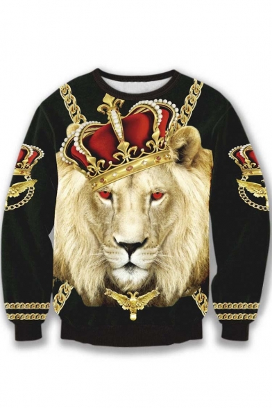 Unisex Crown Lion Print Crew Neck Pullover Sweatshirt S-XL