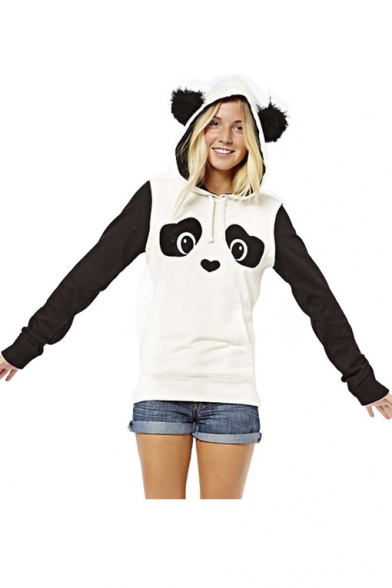 Women's Cute Panda Print White and Black Fleece Hoodie Tops