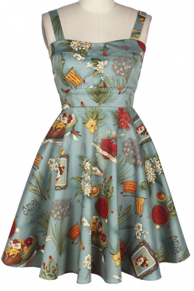 Women's Vintage Floral Print Straps Zip Detail A-line Dress