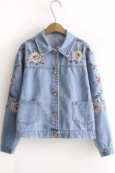 Fall Winter Fashion Floral Embroidered Lapel Denim Coat