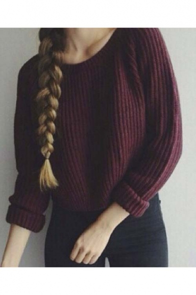 Fashion Solid Round Neck Long Sleeve Sweater in Burgundy