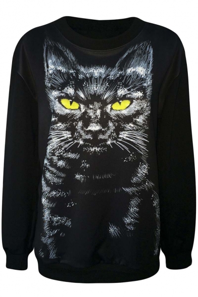 New Arrival Autumn Black Cat on Black Background Round Neck Sweatshirt