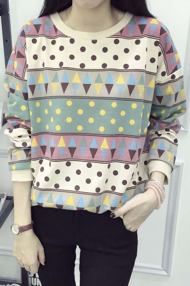 Women's Fashion Polka Dot Geo Print Round Neck Long Sleeve Sweatshirt