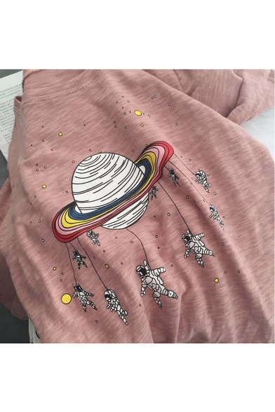 Fashion Cartoon Planet and Astronauts Print Round Neck Short Sleeve T-shirt