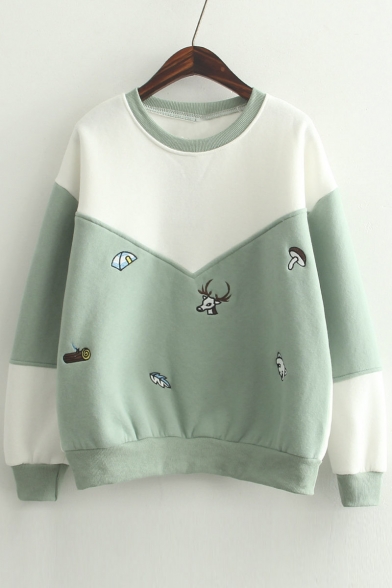 Fashionable Color Block Embroidered Deer Long Sleeve Pullover Sweatshirt