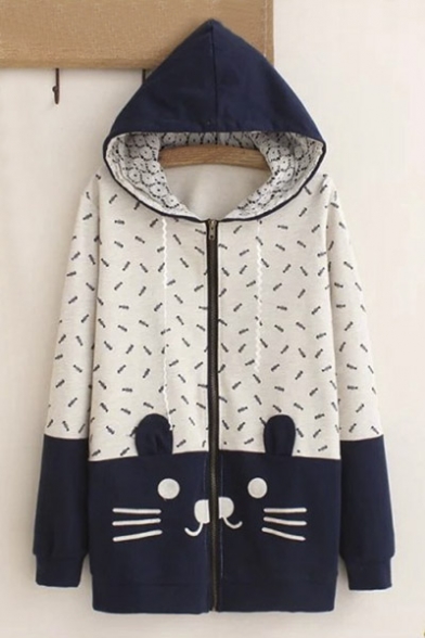 New Arrival Cute Cat Print Zip Front Hooded Sweatshirt Coat
