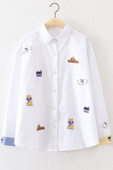 New Arrival Embroidered Cat House Contrast Cuff Button Down Shirt