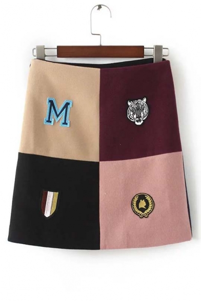Fashion Cartoon Embroidered Color Block A-line Skirt