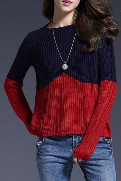 Fashion Color Block Round Neck Long Sleeve Pullover Sweater