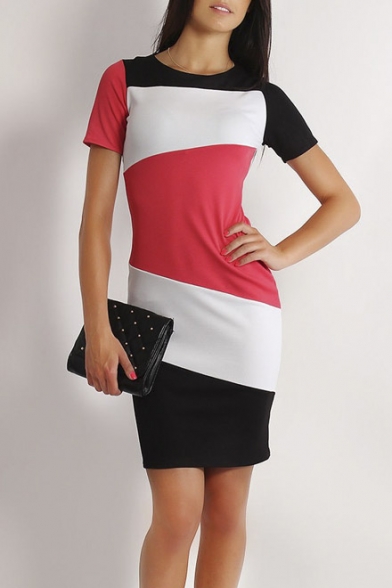 Fashion Color Block Short Sleeve Round Neck Sheath Dress