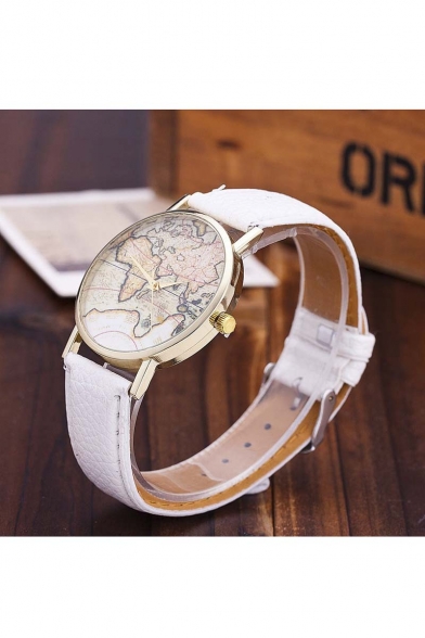 Women's Fashion Map Printed Dial Leather Band Quartz Watch