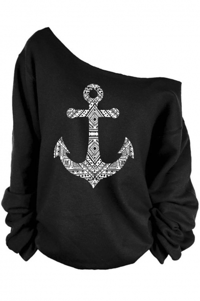 Women's Over Size Sexy Anchors Print Off Shoulder Pullovers