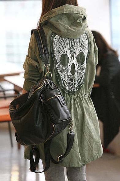 New Women's Fashion Skull Pattern Elastic Waist Hooded Trench Coat