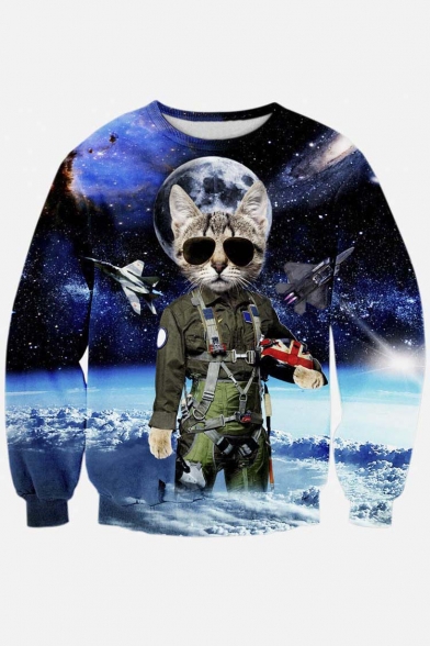 Hipsters 3d Digital Cat Galaxy Printed Crew Neck Pullover Sweater Sweatshirt