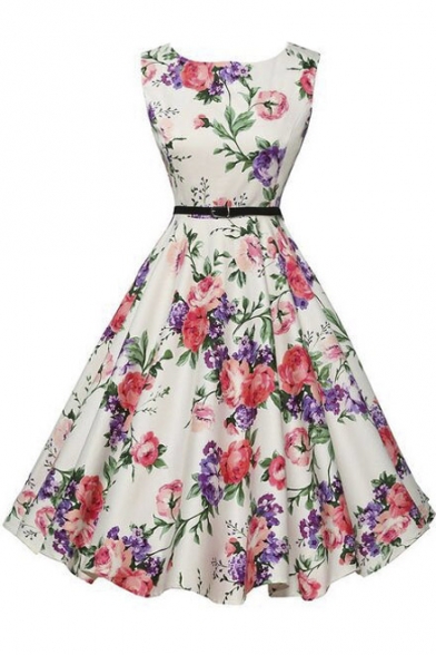 Vintage Floral Print Sleeveless A-line Dress with Belt