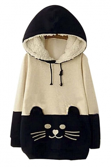 Woman Girls Kawaii Cat Face Tail Hoodie with Cute Hat Fleece Sweater Shirt