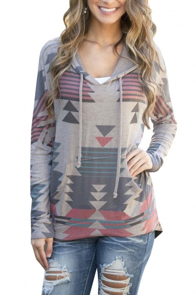 Women Geometrical Printed Kangaroo Pocket Pullover Hoodie Sweatshirt