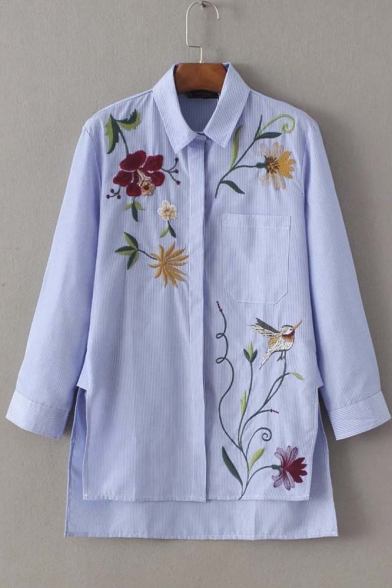 Floral Bird Embroidered Striped High Low Hem Shirt
