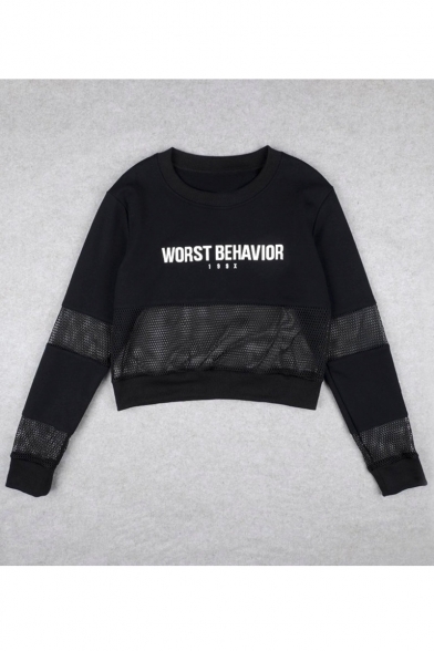 WORST BEHAVIOR Letter Pullover See Through Mesh Crop Top Sweatshirt