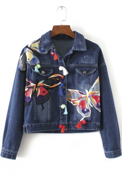 New Arrival Fashion Butterfly Embroidered Lapel Denim Jacket