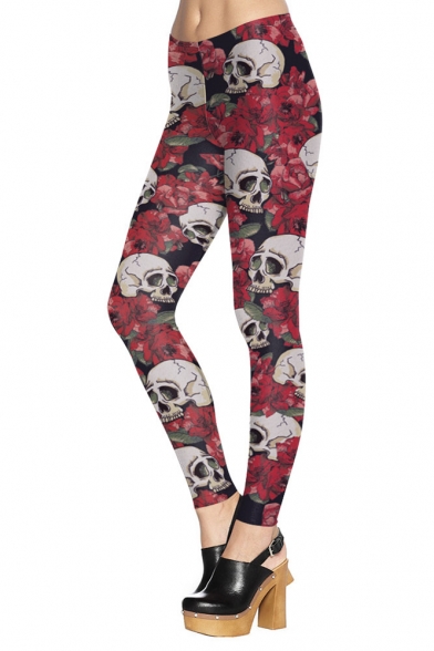 Women's Fashion Rose Skull Digital Printed Leggings