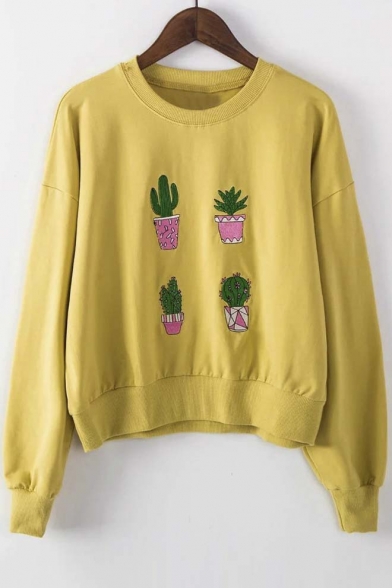 Autumn Fashion Cactus Embroidered Long Sleeve Pullover Sweatshirt