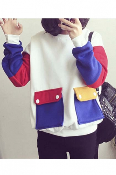 New Color Block Round Neck Long Sleeve Sweatshirt with Pocket