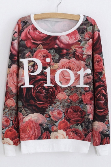Fashion Letter Floral Print Contrast Trim Pullover Sweatshirt