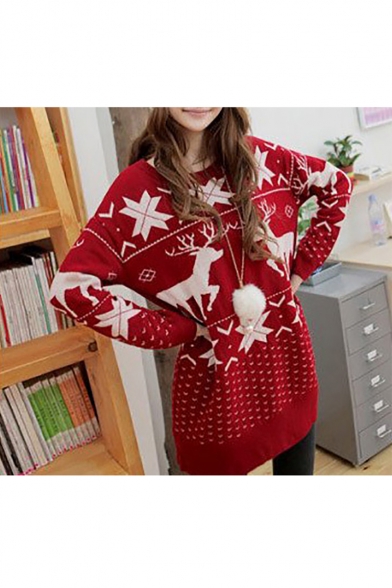 Women Christmas Pullover Santa Reindeer Deer Snowflake Norway Print Red Baggy Long Tops