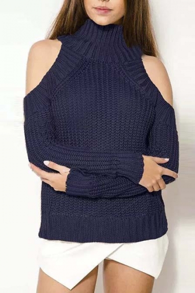 Fashion High Neck Cold Shoulder Long Sleeve Casual Sweater