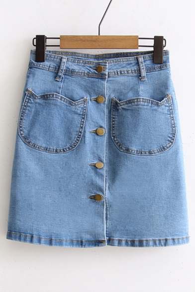 Cute Cat Pockets Button Front Denim Skirt
