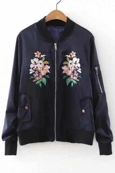 Fashion Lily Embroidered Zipper Detail Long Sleeve Baseball Jacket