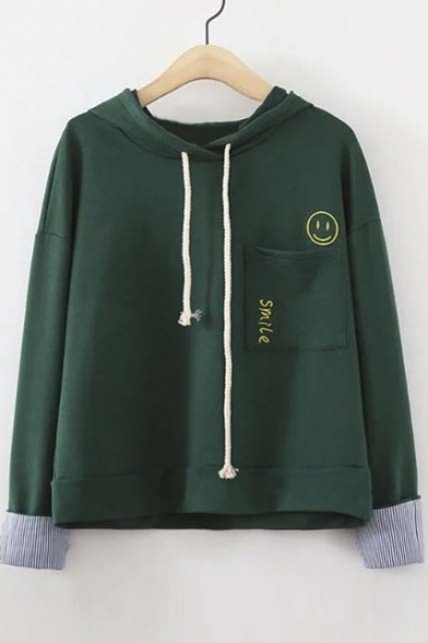 Fall Fashion Smile Face Embroidered Pocket Hooded Sweatshirt
