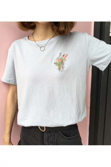 Fashion Embroidered Floral Round Neck Short Sleeve T-shirt