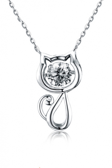 Women's Fashion Glittering 925 Silver Crystal Cat Pendant Necklace