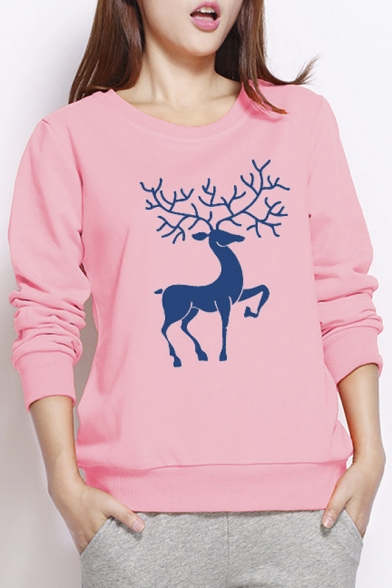 New Arrival Fashion Cartoon Deer Print Round Neck Pullover Sweatshirt