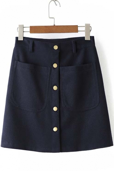 Autumn Fashion Button Down High Waist Skirt with Pocket