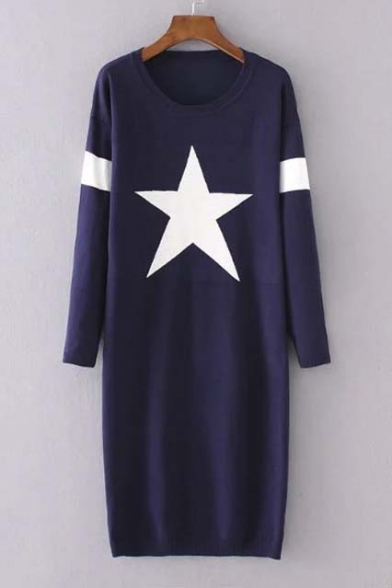 Autumn Star Pattern Round Neck Long Sleeve Longline Sweater Dress